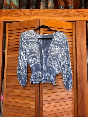 Boho Tie-Front Peasant Top - Blue Paisley